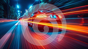 Close-up behind the back of a sport car with a colorful high speed blur inside a night road with trees and streetlights