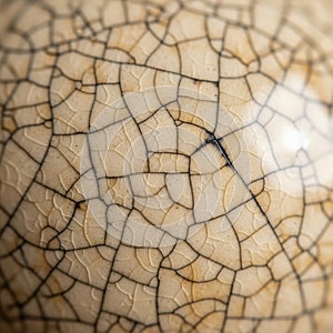 Close-up of a beige ceramic surface displaying a crackle glaze pattern. The glaze