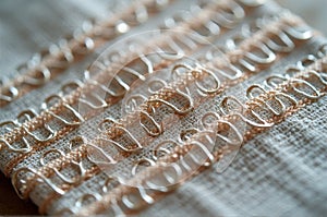 Close-up of beige fabric with intricate lace embroidery pattern photo