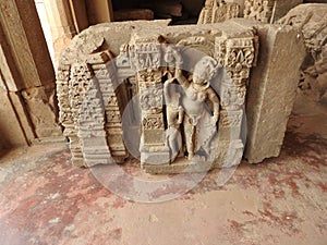 Close up of the believed 10th century carved stone in the ancient Chand Baori Step well in the village of Abhaneri, Rajasthan