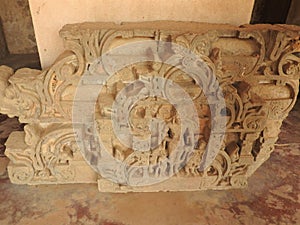 Close up of the believed 10th century carved stone in the ancient Chand Baori Step well in the village of Abhaneri, Rajasthan