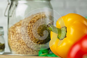 Close up of bell pepper on kitchen table