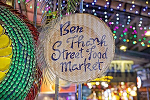 Close up of the Ben Thanh street food market sign
