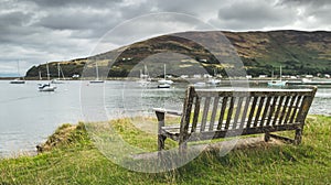 Close-up bench with bayview. Arran. Scotland.