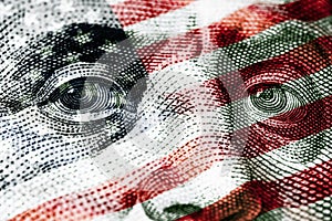 Close-up of Benjamin Franklin\'s face in the colors of the American flag. Festive background