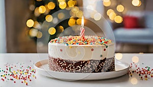 Close-up of bento cake with cream and sprinkles, one burning candle. Sweet and tasty dessert on white table