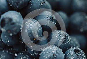 Close up, berries of dark bunch of grape with water drops in low light on black background