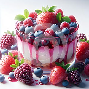 Close up of Berry Bliss dessert with a white background,