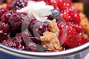 close-up of berry cobbler mix in a bowl