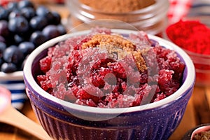 close-up of berry cobbler mix in a bowl