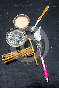 Close up of best and trusted home remedy for Tooth problems and yellow teeth i.e. baking soda with water and normal tooth brush it