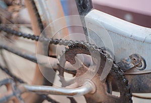 Close up Bicycle chain dirty from Lubricating oil grease.