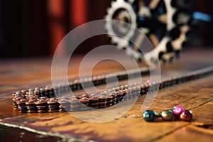 close-up of bicycle chain and gears on table