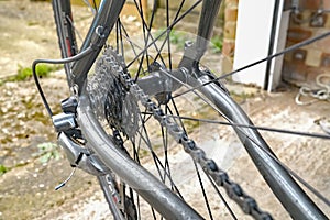 Close up of bicycle drive chain and sprockets