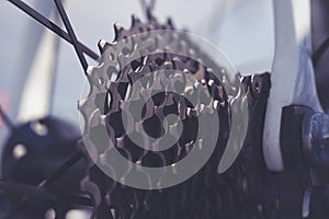 Close-up of bicycle gears. Rear mountain bike wheel detail
