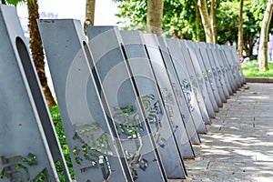 Close-up of a bicycle parking space in an outdoor park