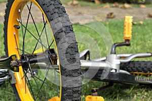 Close up of bicycle wheel and tire tread