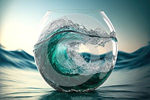 Close-up of a big blue wave in a glass, ai generated