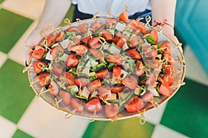 Close-up big plate with serving snack canapes fried bread tomato parsley and salami.