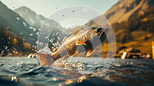Close up of big trout fish jumping from the water with bursts in high mountain clean lake or river, at sunset or dawn