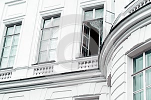 Close up of big windows of manor. Texture of windows of historic white Palace.