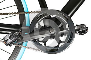 Close up of bike crankset chainring and pedals