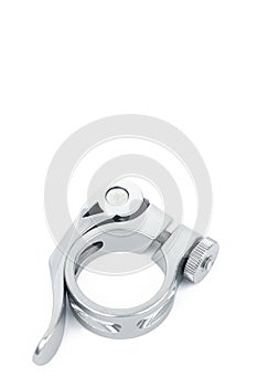 Close up of bike seat post clamp isolated on white background. Cycling equipment