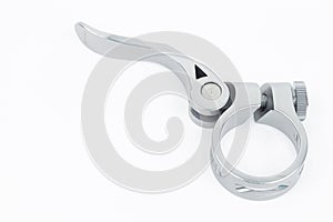 Close up of bike seat post clamp isolated on white background. Cycling equipment