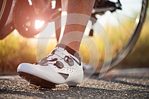 Close up bike shoes ready for cycling outdoors. Sports and outdoor activities concept