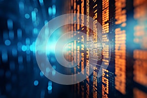 Close up of binary code on digital screen with orange and blue gradient background and bokeh effect