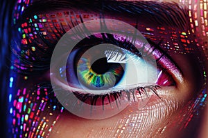 Close up of binary code reflected in the eye. Generative AI