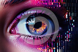 Close up of binary code reflected in the eye. Generative AI
