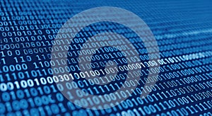 Close-up of binary code (zeros and ones) on a blue background.