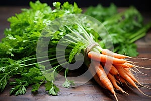 close-up of biologically grown carrots with fresh leaves