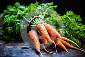 close-up of biologically grown carrots with fresh leaves