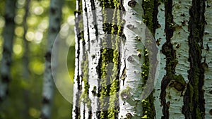 Close-up of Aspen Tree Trunks with Moss Growing on the Bark in Forest