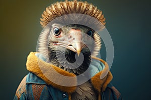 Close up of bird with fur hat on it's head. Generative AI