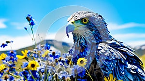 Close up of bird of prey in field of blue flowers. Generative AI