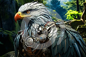 Close up of bird of prey near forest. Generative AI