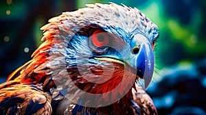 Close up of bird of prey with red and blue beak. Generative AI