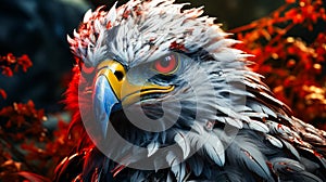 Close up of bird of prey with red eyes. Generative AI