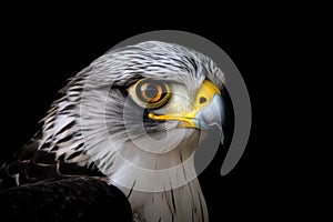 Close-up of a bird of prey with yellow eyes.