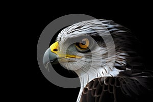 Close-up of a bird of prey with yellow eyes.