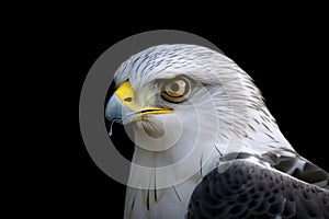 Close-up of a bird of prey with yellow eyes.