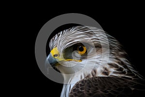 Close-up of a bird of prey with yellow eyes.