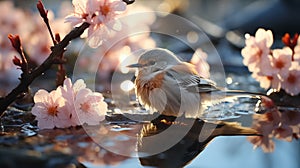Close up of a Bird standing in the tree, sunset light and colors, surrounded with melting snow and spring flowers, blooming season