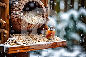 close-up of birdseed in a snowy wooden feeder