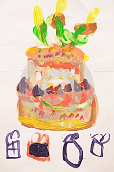 Close up. Birthday cake with three candles. Children`s drawing paints. Creative activities with children 4-5 years old on the