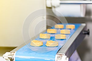 Close up biscuit food on automatic conveyor machine in production line for high technology industrial manufacturing