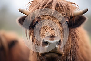 close-up of bisons face with prairie background